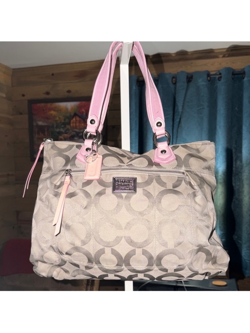 Coach Poppy Beige Signature Canvas Shoulder Bag with Pink Trim